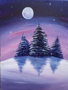 Painting from the Dept. of Education Paint Nite event with evergreens, the moon reflecting in the night sky reflecting against a surface