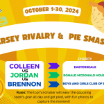 Jersey Rivalry and Pie Smash graphic featuring fun visuals of jerseys and a pie, promoting a fundraising event where the top fundraiser wears an opposing team's jersey and gets pied in front of the office.