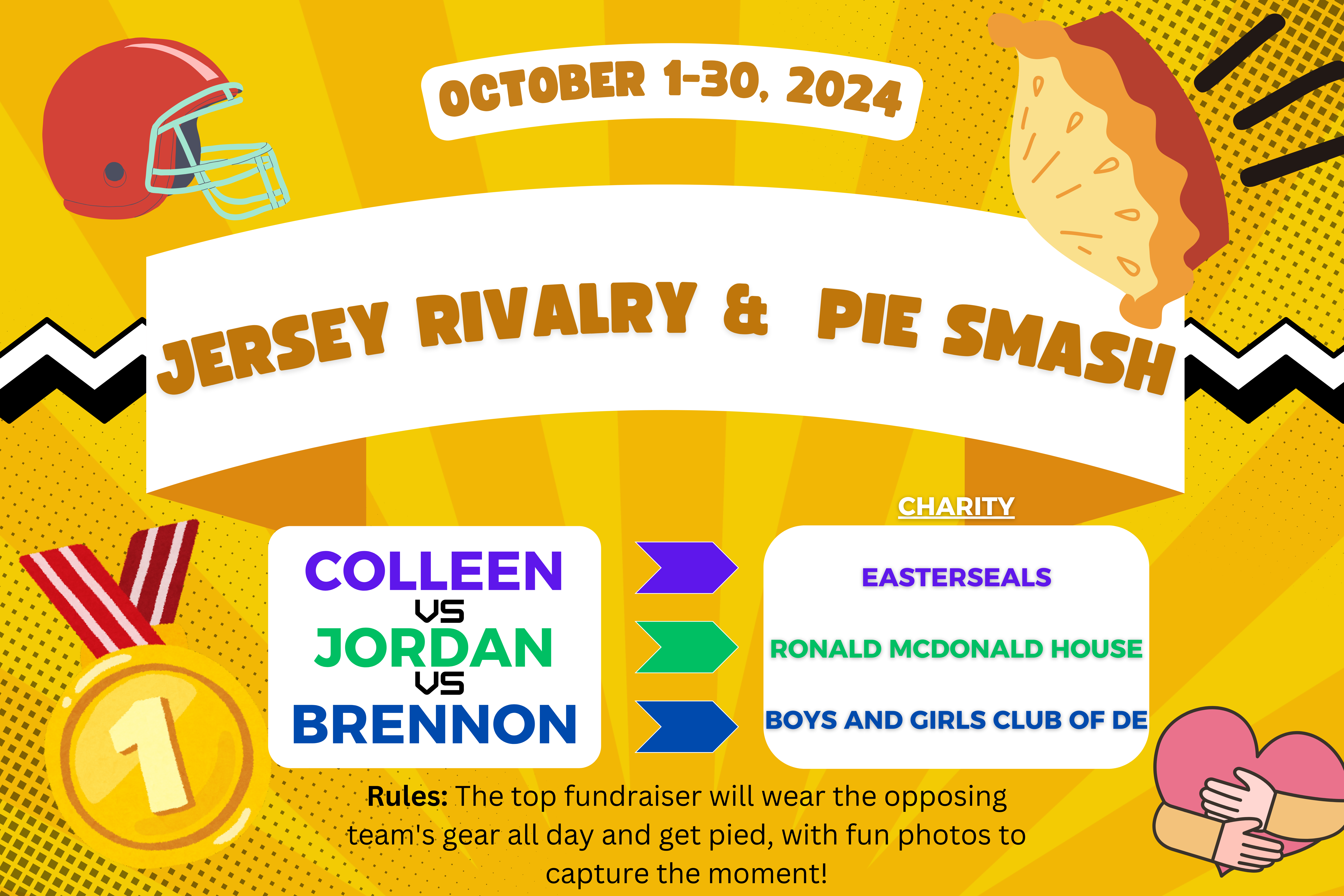 Jersey Rivalry and Pie Smash graphic featuring fun visuals of jerseys and a pie, promoting a fundraising event where the top fundraiser wears an opposing team's jersey and gets pied in front of the office.