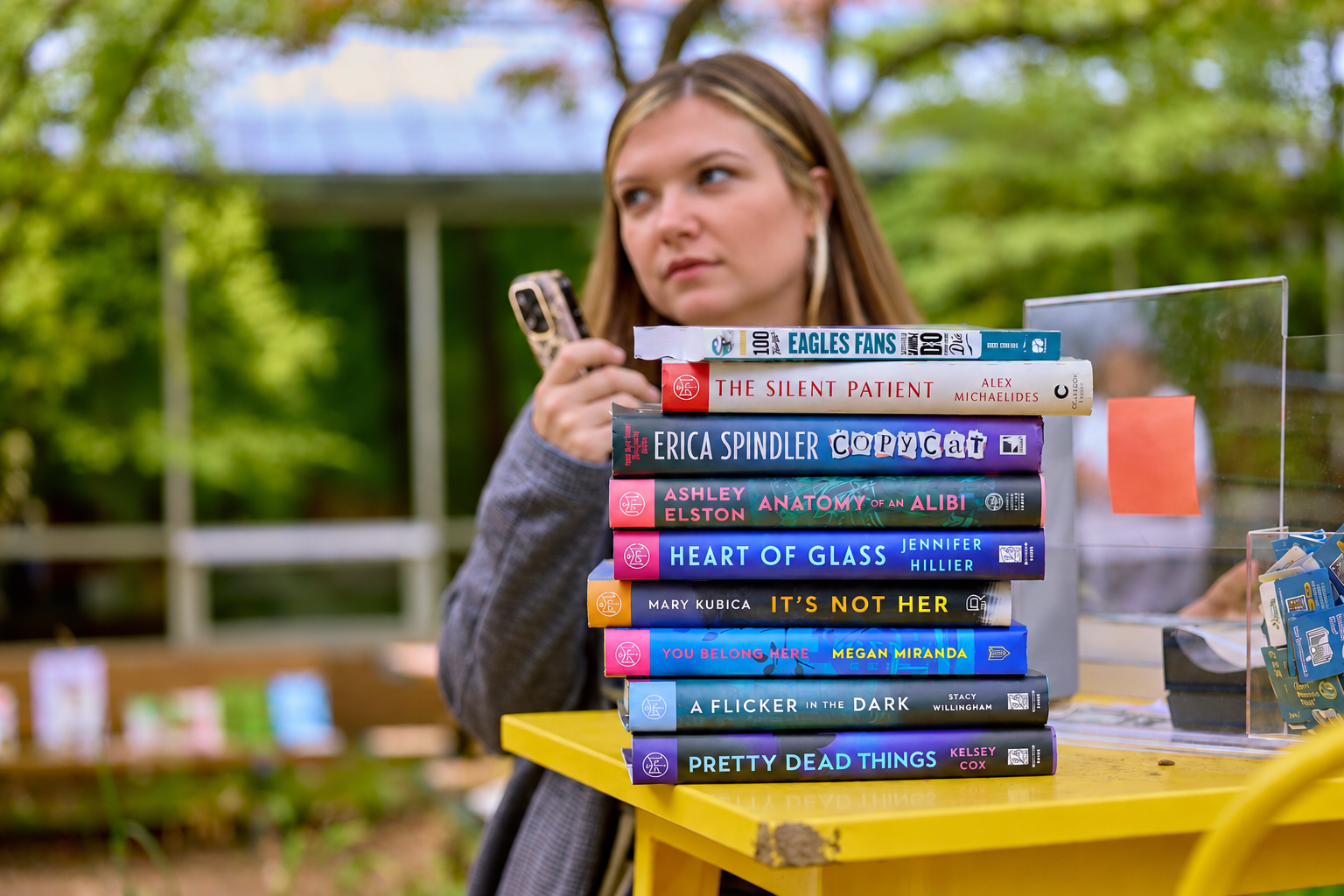 Emily Walker checking out staff books